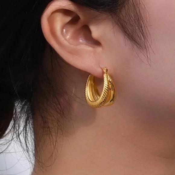 Jewelry - 18K Gold Double Layer Twist U Shape Hoop Earrings, NICE EARRINGS, CUTE EARRINGS